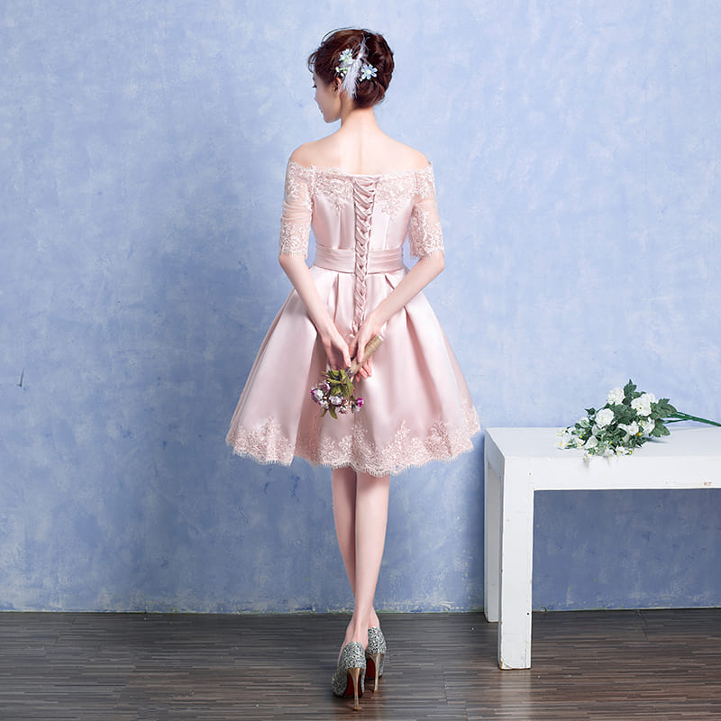 ชุดราตรีสั้น ไหล่ปาด **สีชมพู Size L-XL** แขนสามส่วน ผ้าไหมดัชเชส งานร้อยหลัง