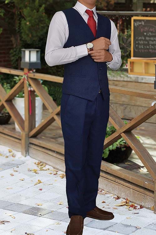 สูทเจ้าบ่าว เกรดพรีเมี่ยม สีกรมท่า ปกดำเงา(สูท+เสื้อกั๊ก+กางเกง) พร้อมส่ง S,M