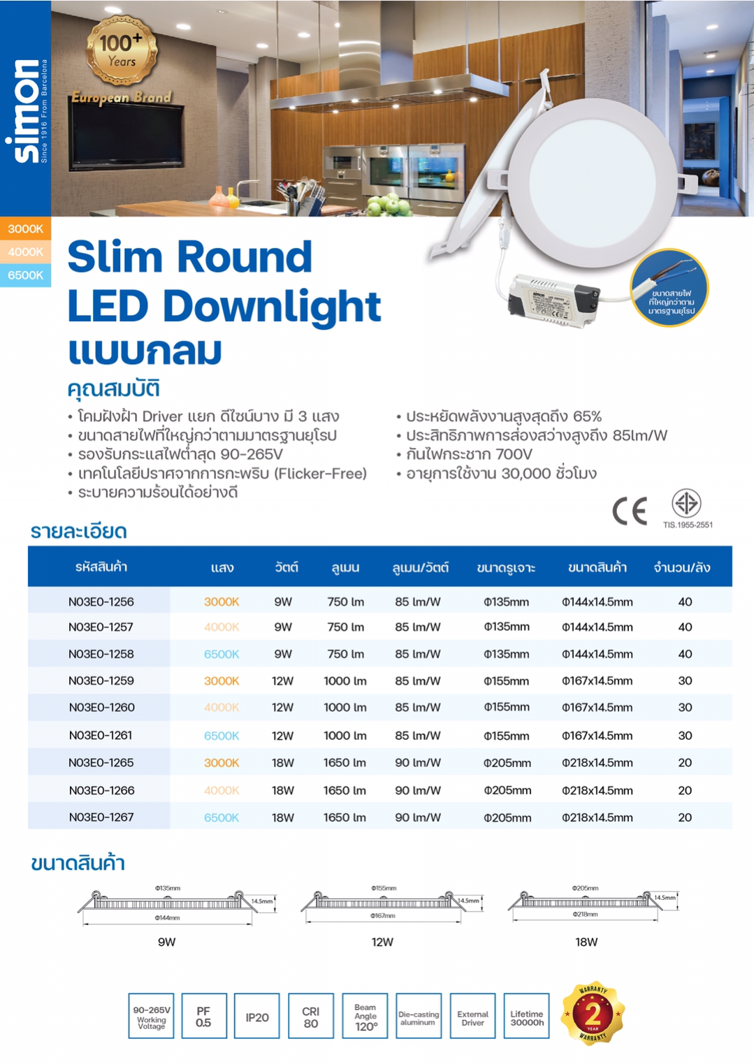 LED Slim Downlight แบบกลม 205mm. 18W