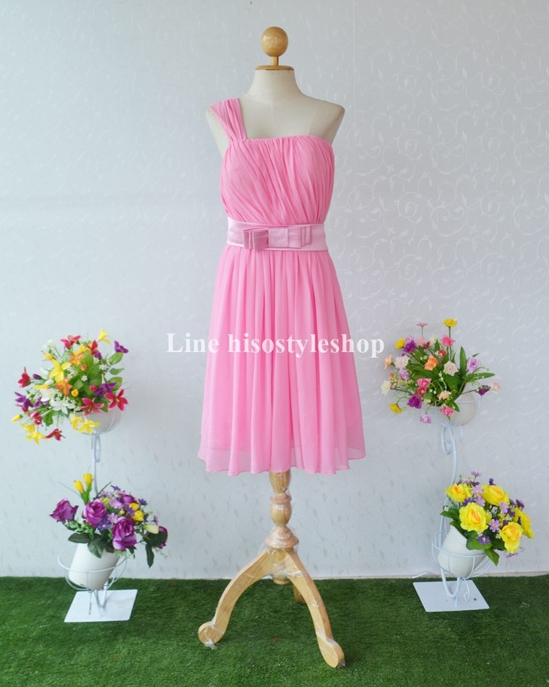 พร้อมส่ง Size 6XL ชุดราตรีสั้น **สามารถใส่ได้7แบบ** ผ้าชีฟอง แต่งโบว์เข็มกลัดหัวใจที่เอว ซิปหลัง