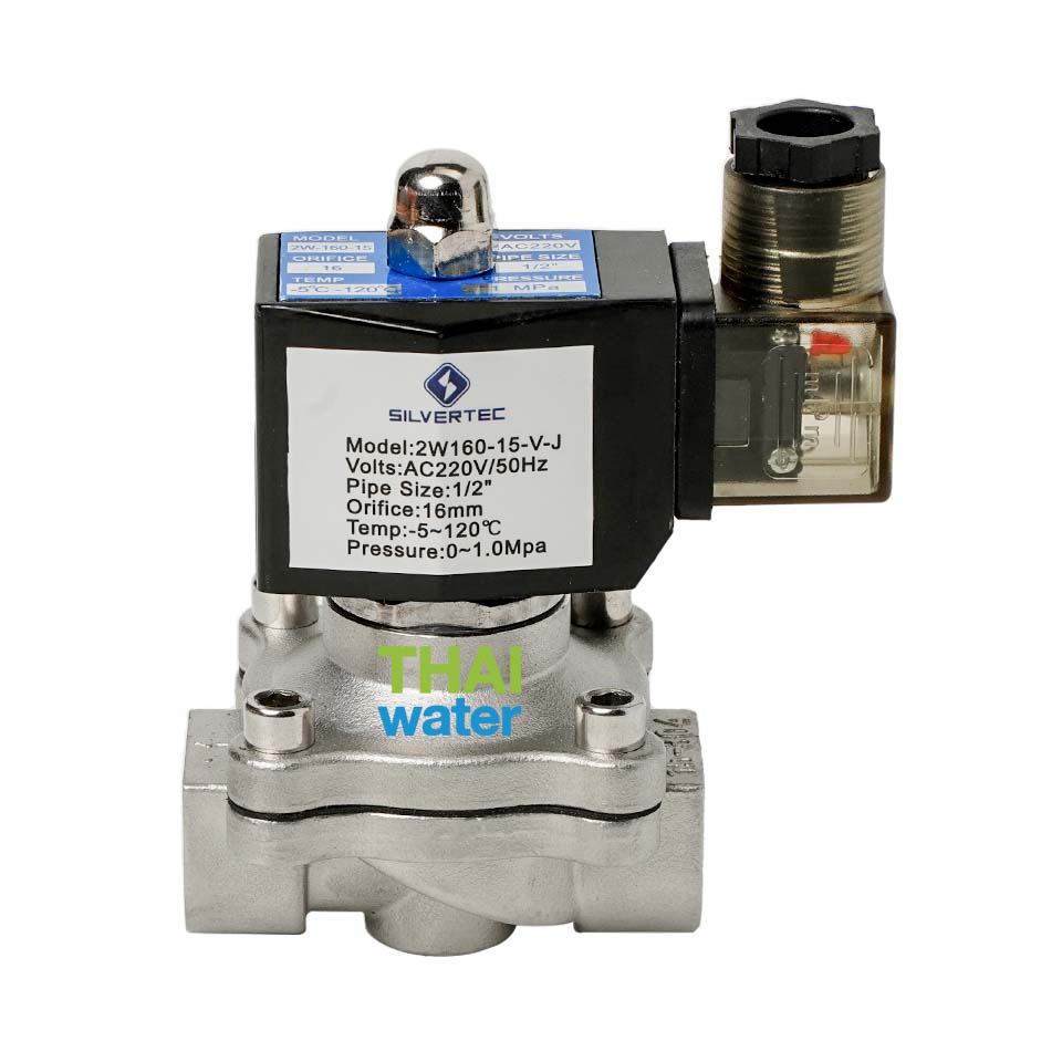 โซลินอยด์วาล์ว วาล์วไฟฟ้า วาวล์น้ำ วาล์วลม วาล์วสแตนเลส N/C 1/2" 220VAC Brand SILVERTEC แบบปกติปิด (N/C) เงิน