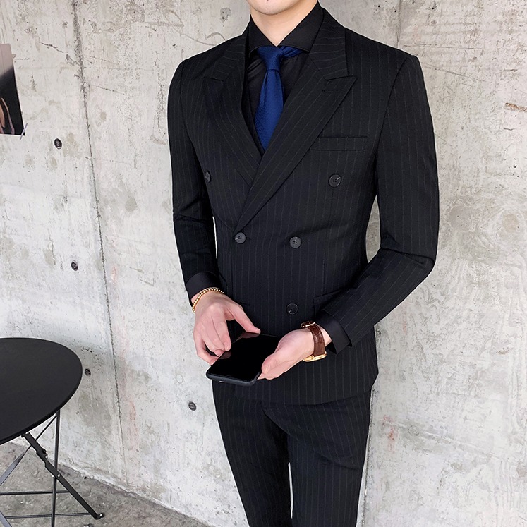 ชุดสูทชาย สีดำ ลายริ้ว รุ่น6กระดุม 3ชิ้น สูท+เสื้อกั๊ก+กางเกง พร้อมส่ง XL