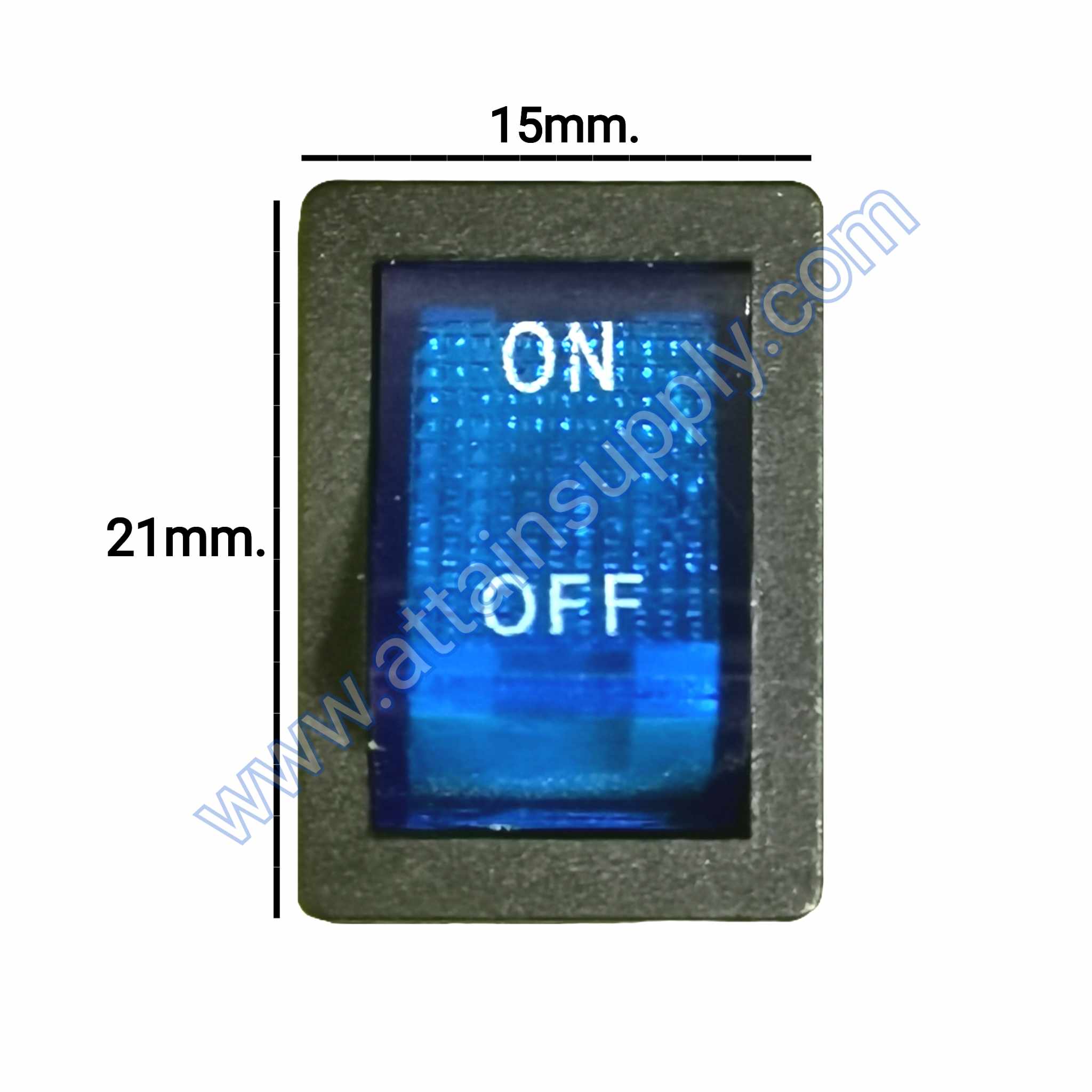 สวิทช์ ON-OFF เหลี่ยมเล็ก 220V./3ขา มีไฟ-สีน้ำเงิน