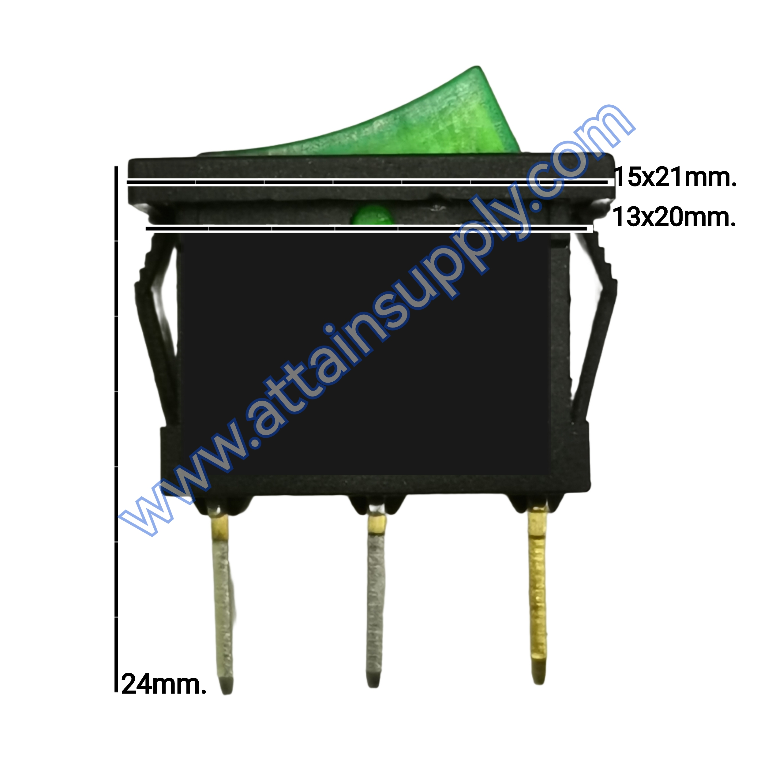 สวิทช์ IO เหลี่ยมเล็ก 12V./3ขา มีไฟ-สีเขียว