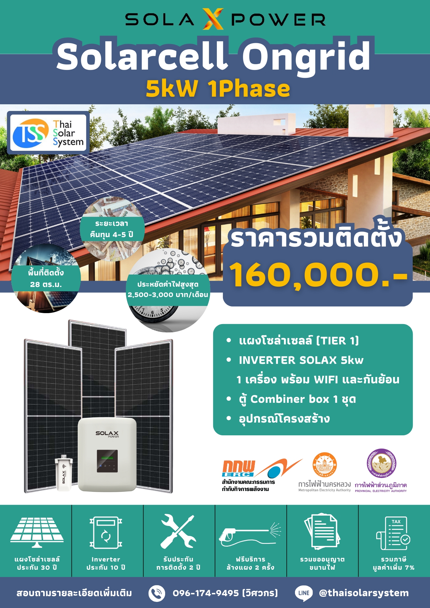 ชุด Ongrid Solax 5K 1 phase พร้อมติดตั้ง