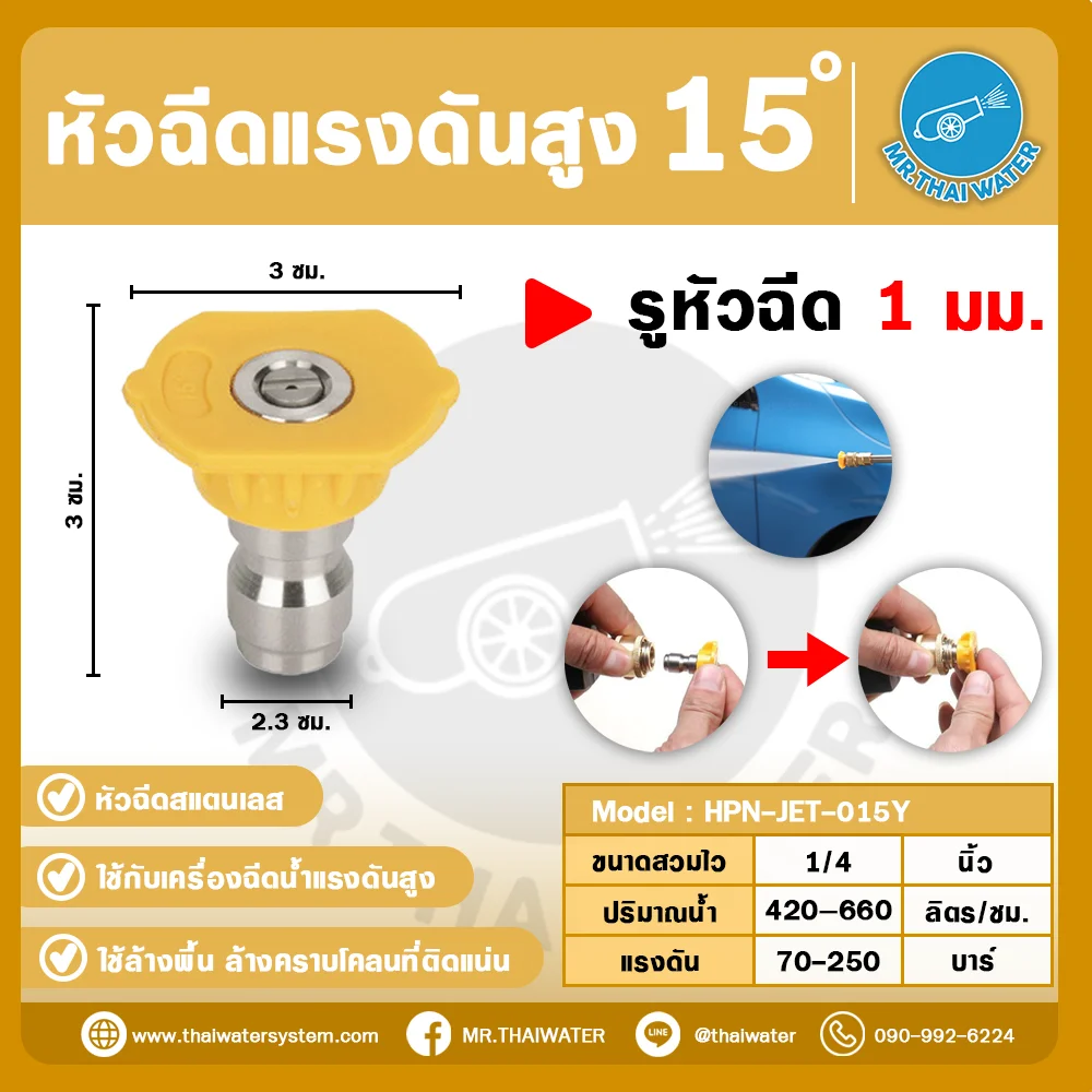 HPN-JET-015Y หัวฉีดแรงดันสูง 15 องศา สแตนเลส รู 1 มม. ใช้กับเครื่องฉีดน้ำแรงดันสูง