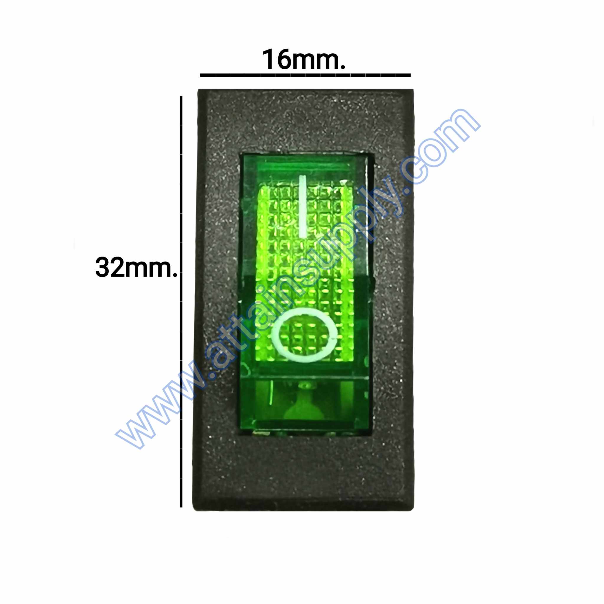 สวิทช์ IO เหลี่ยมบาง 220V./3ขา มีไฟ-สีเขียว (หน้ากระดกตัดเหลี่ยม)