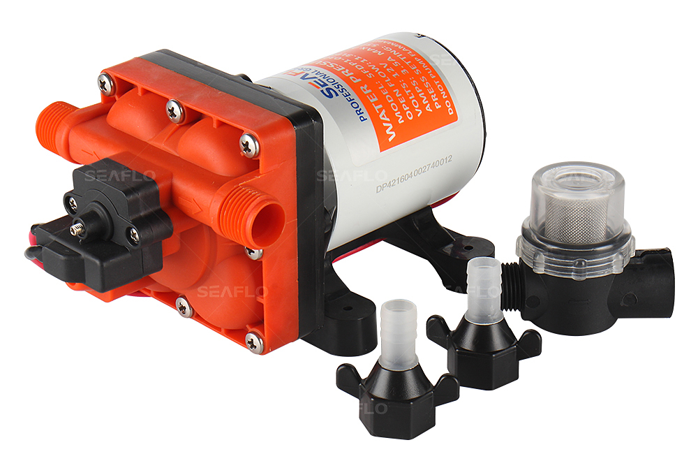 ปั๊มน้ำ DC12V รุ่น SEAFLO-42 แรงดัน 3.8 บาร์ ( ปั๊มสูบน้ำ/พ่นหมอก/สปริงเกอร์ )