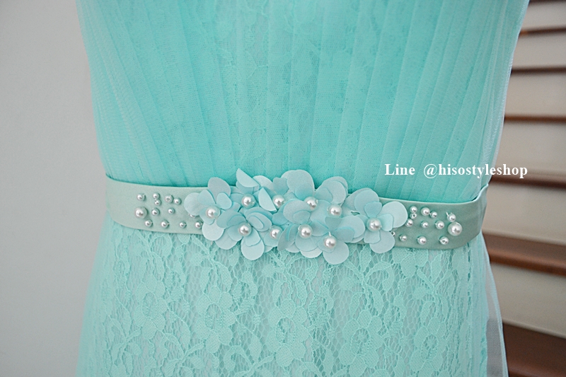 ชุดราตรียาว แขนกุด ผ้าชั้นในลูกไม้ ประดับลูกปัด **สีเขียวมินต์ Size 2XL** ซิปหลัง ซับในทั้งชุด