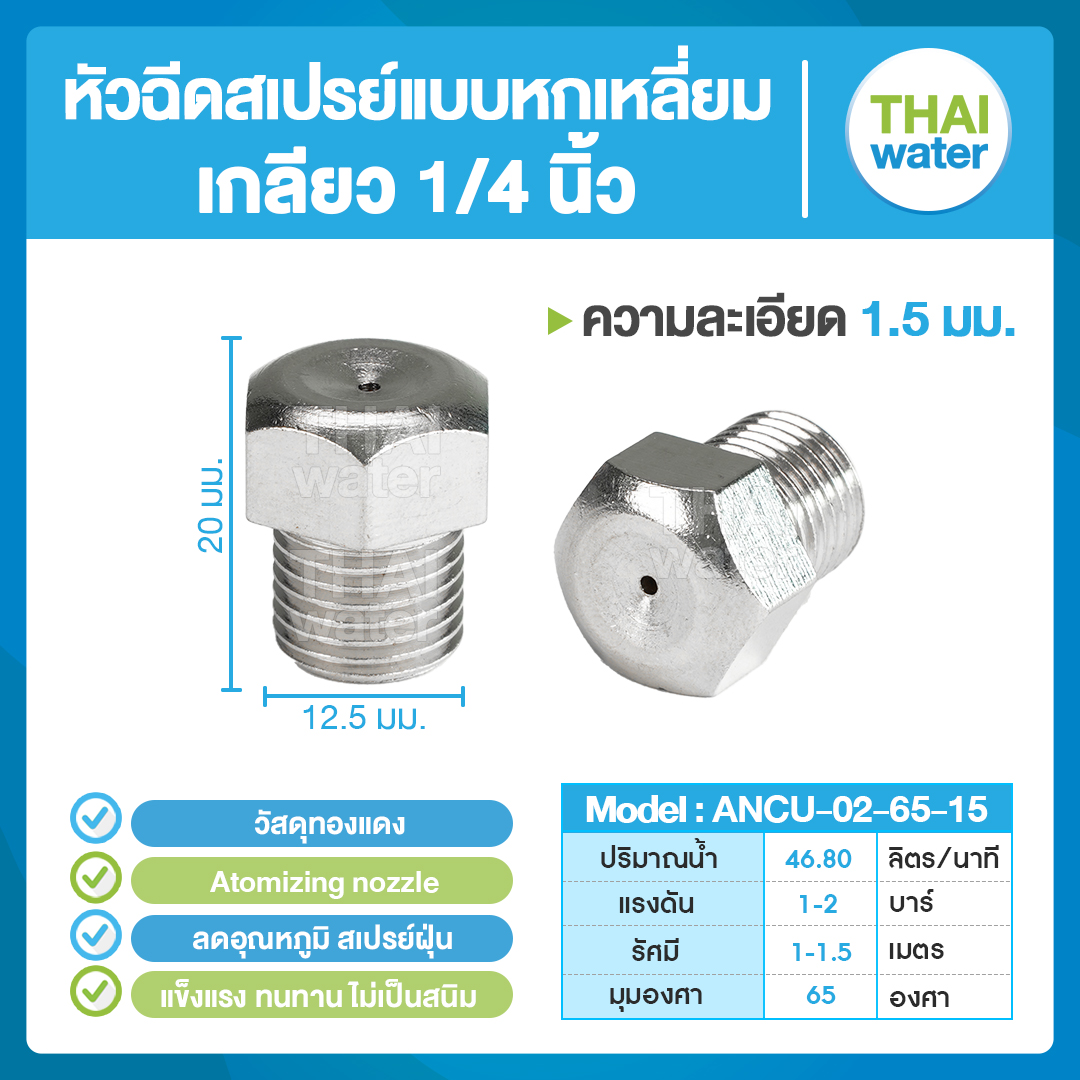 04-ANCU-02-6515 หัวฉีดสเปรย์แบบหกเหลี่ยม ทองแดง เกลียว 1/4'' 1.5 มม. 65องศา Atomizing nozzle