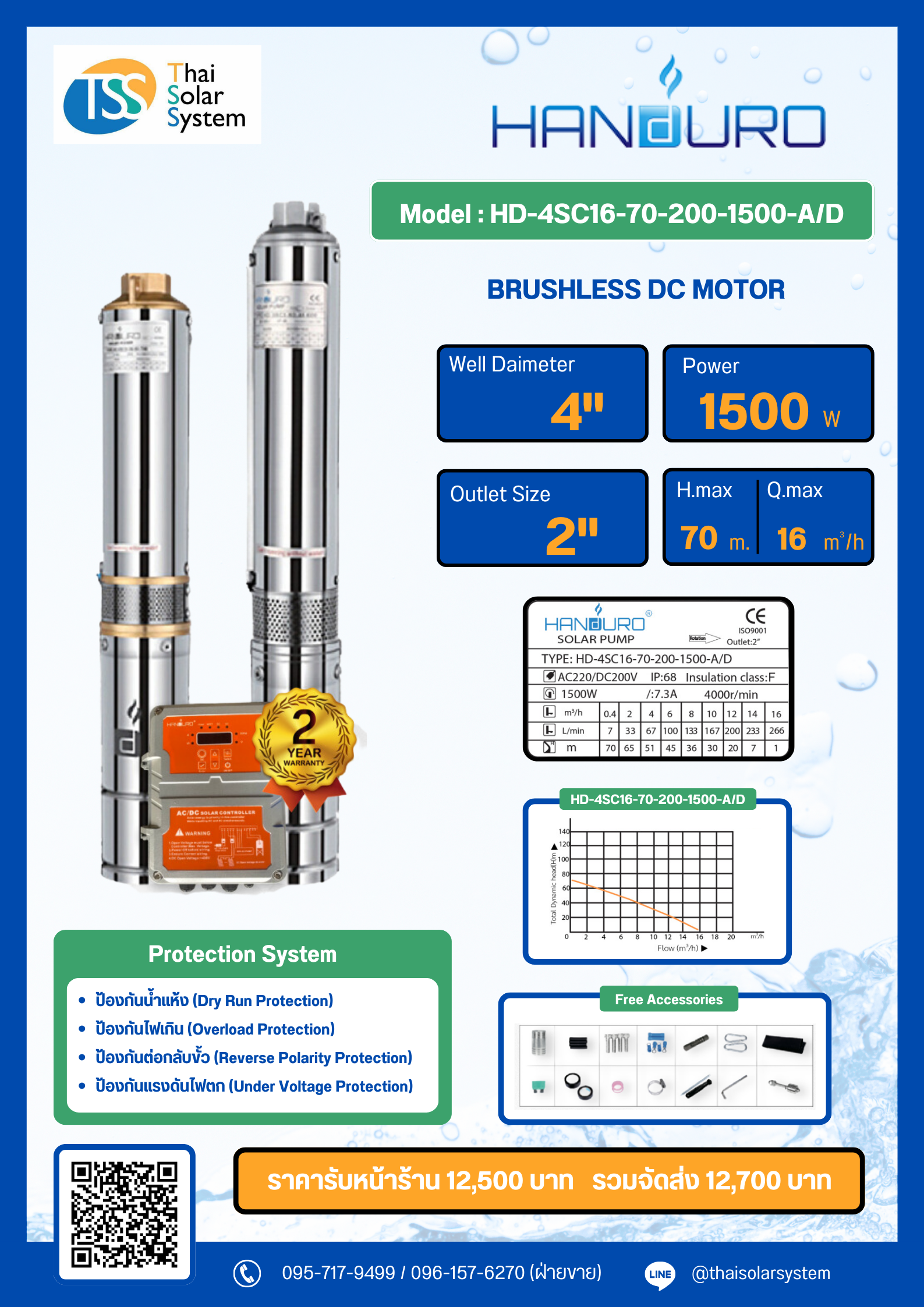 ปั๊มบาดาล AC/DC ยี่ห้อ HANDURO ขนาด 1500W