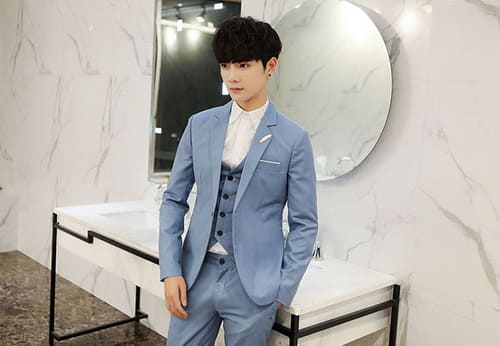 สูทแฟชั่น เกรดA ผ้าคอตตอน สีฟ้าอมเทา (สูท+เสื้อกั๊ก+กางเกง)