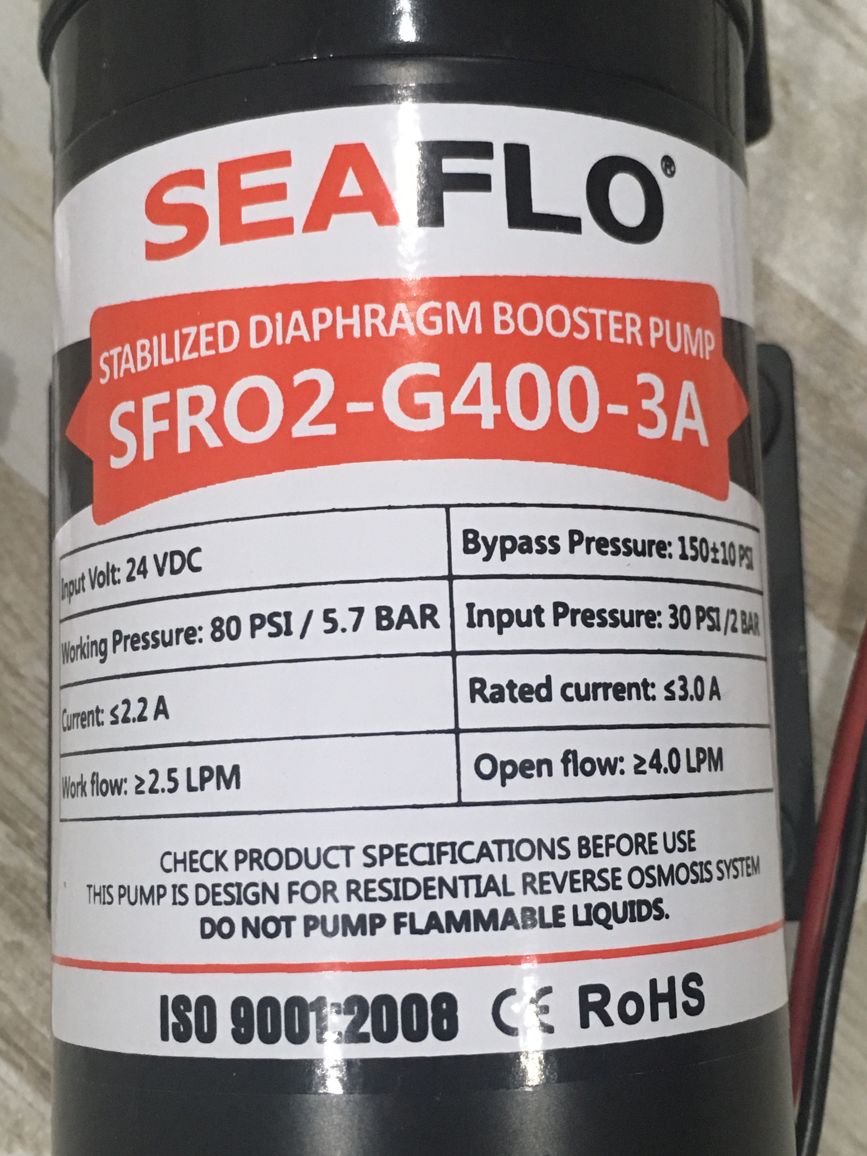 ปั๊มน้ำ ปั๊มอัดเมมเบรน เครื่องกรองน้ำ เครื่องพ่นหมอก SEAFLO RO Pump DC24V 150PSI 400G ( 10 บาร์ )