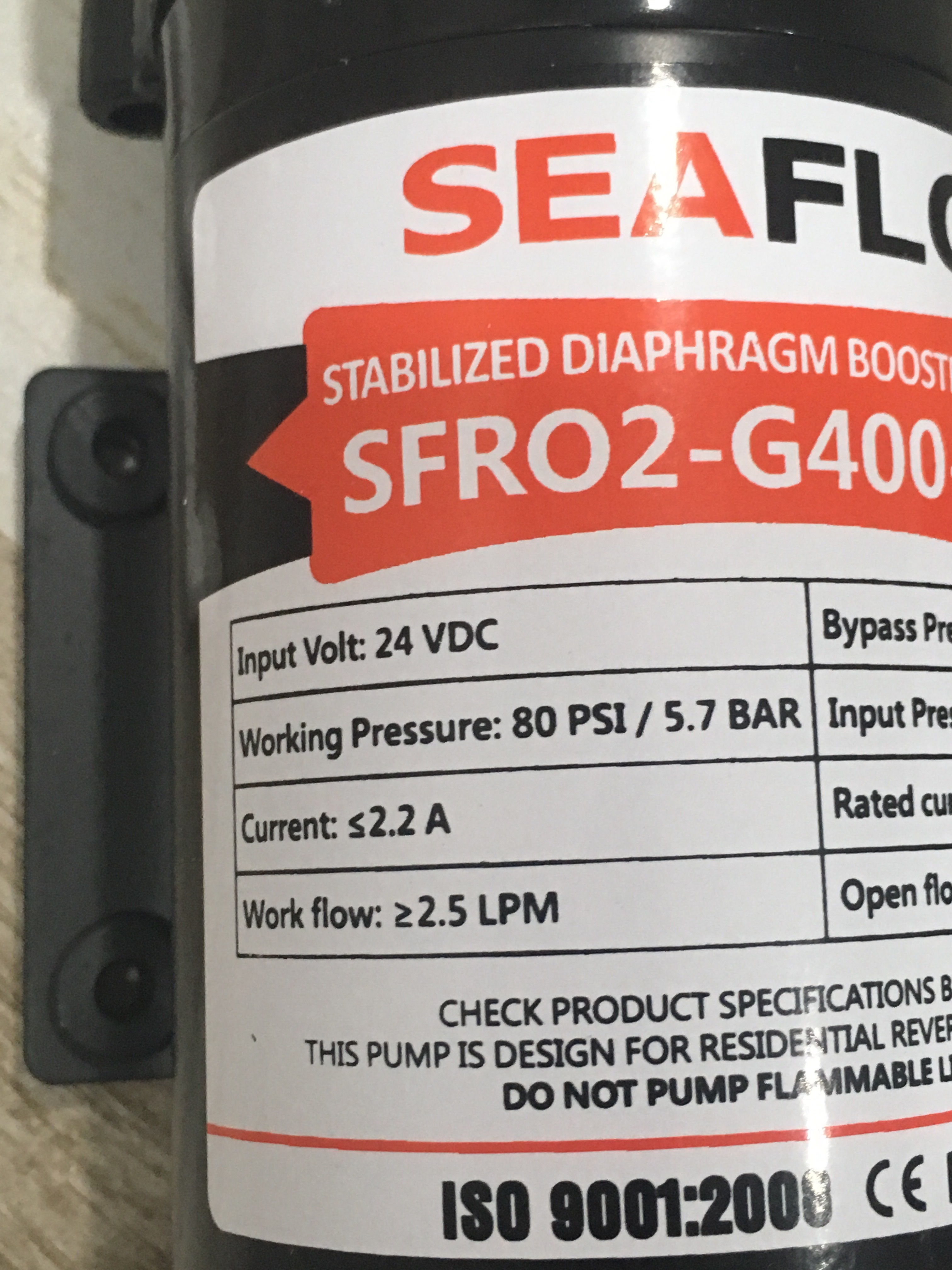 ปั๊มน้ำ ปั๊มอัดเมมเบรน เครื่องกรองน้ำ เครื่องพ่นหมอก SEAFLO RO Pump DC24V 150PSI 400G ( 10 บาร์ )