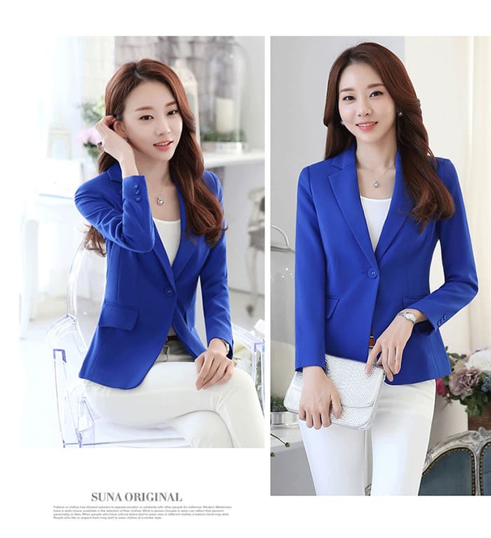 สูทผู้หญิง ผ้าฮานาโกะ มีน้ำหนัก กระเป๋าหน้า พร้อมส่ง สีน้ำเงิน 2XL *แถมเข็มกลัด