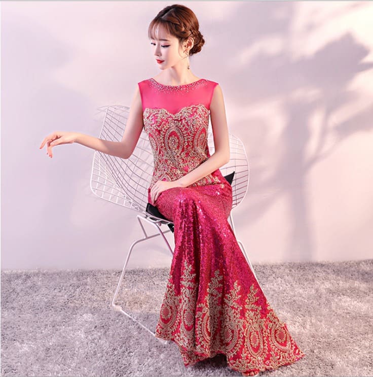 ชุดราตรียาว แขนกุด ผ้าเลื่อม สีชมพูบานเย็น ซิปหลัง Size L