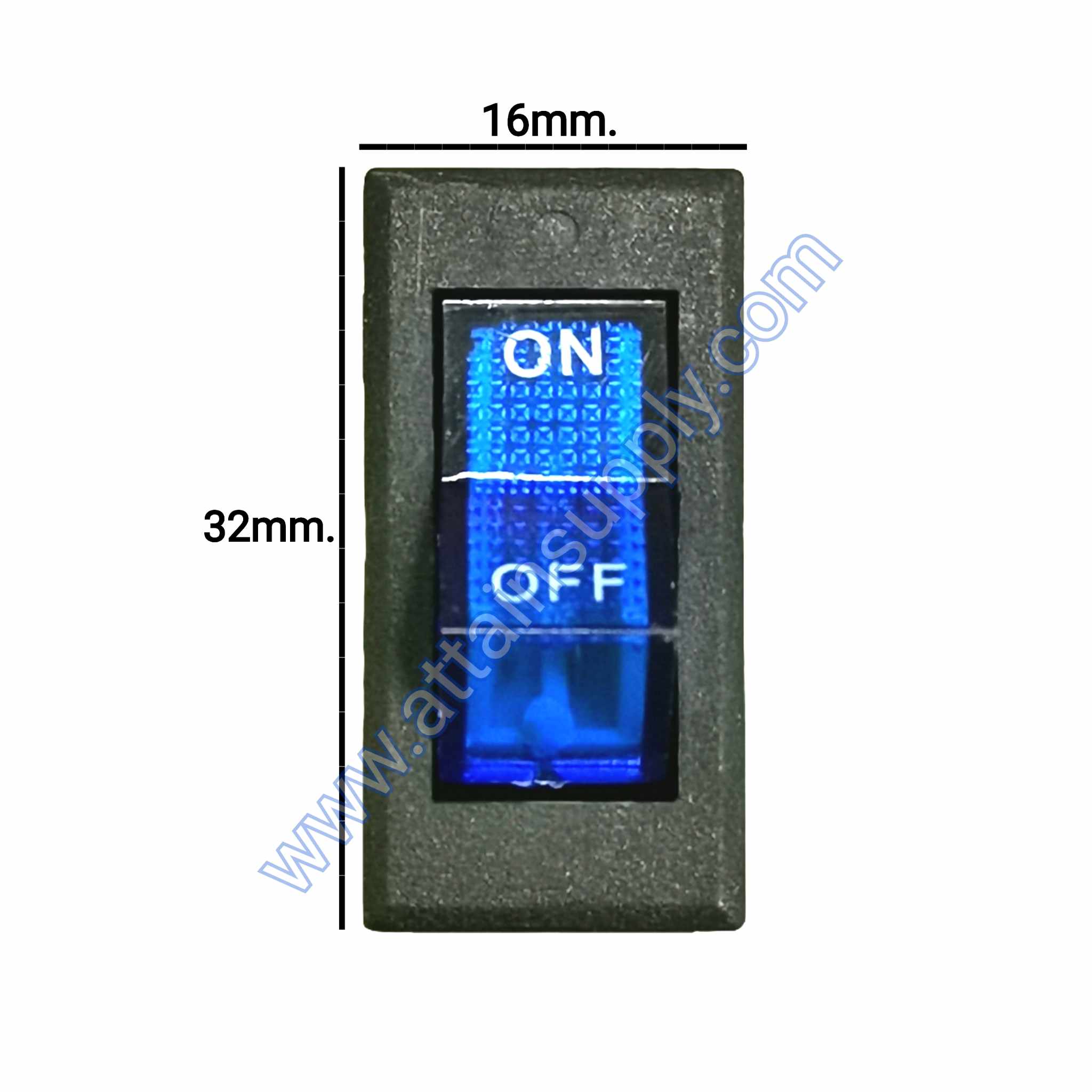 สวิทช์ ON-OFF เหลี่ยมบาง 220V./3ขา มีไฟ-สีน้ำเงิน (หน้ากระดกตัดเหลี่ยม)