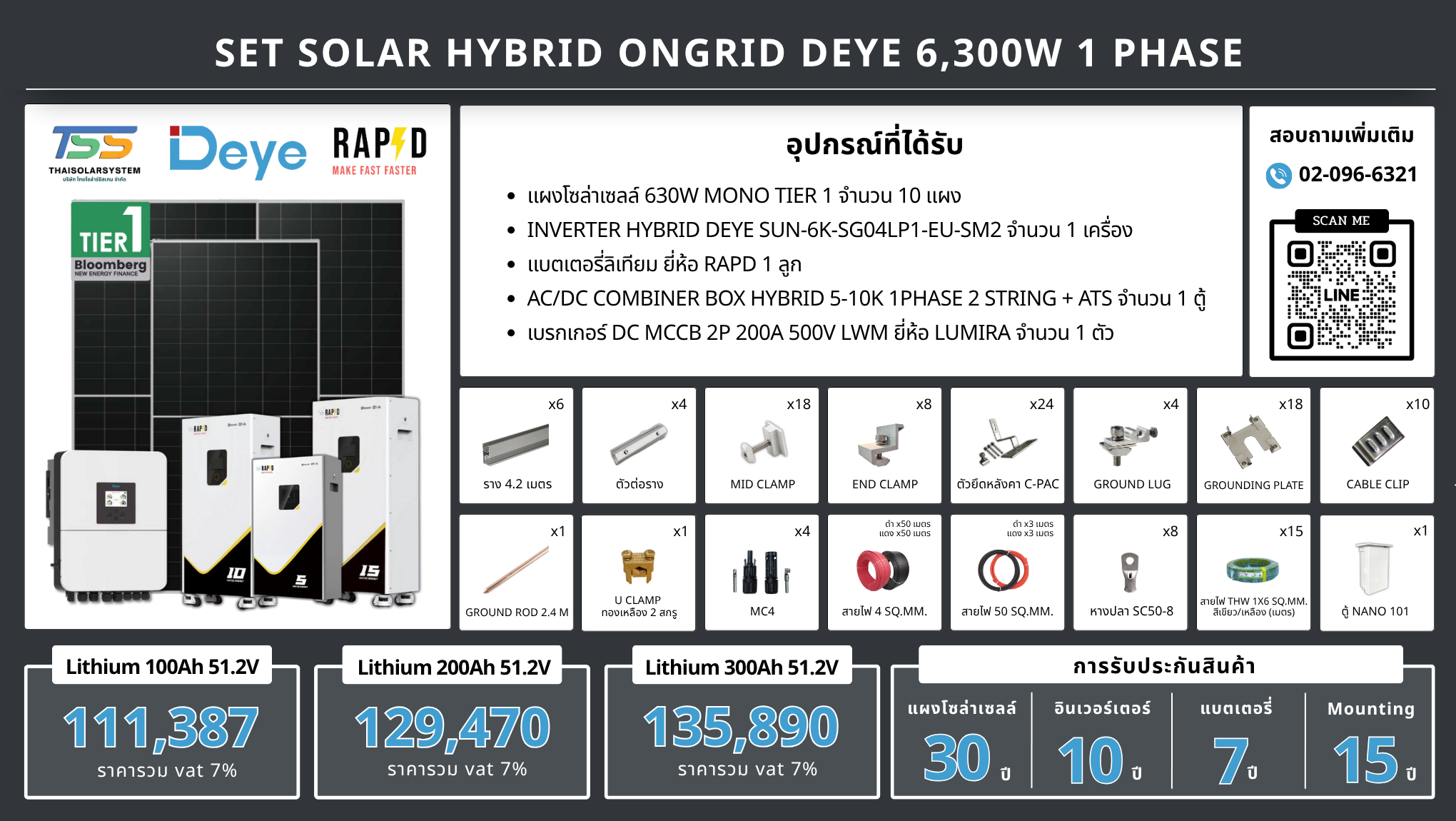 ชุด Hybrid 0ngrid Deye 6300W 1 phase + Battery Lithium RAPD (เฉพาะของ)