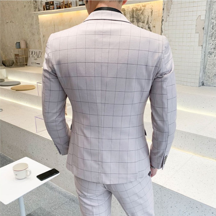 สูทชาย ลายสก๊อต สีครีมเบจ สไตล์เกาหลี (2ชิ้น) สูท+กางเกง พร้อมส่ง L,XL