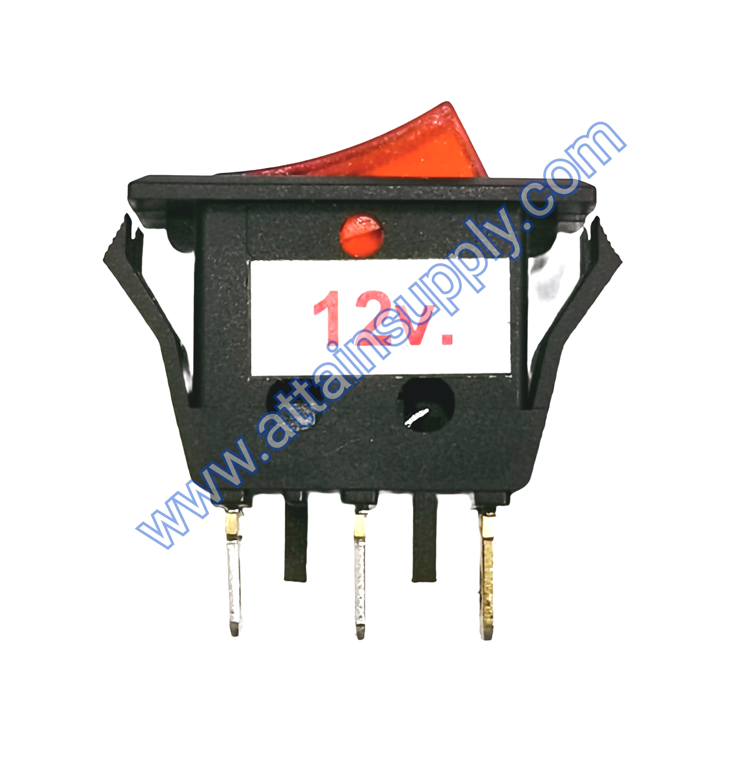 สวิทช์ ขอบจุดขาว-เหลี่ยมบาง 12V./3ขา มีไฟ-สีแดง