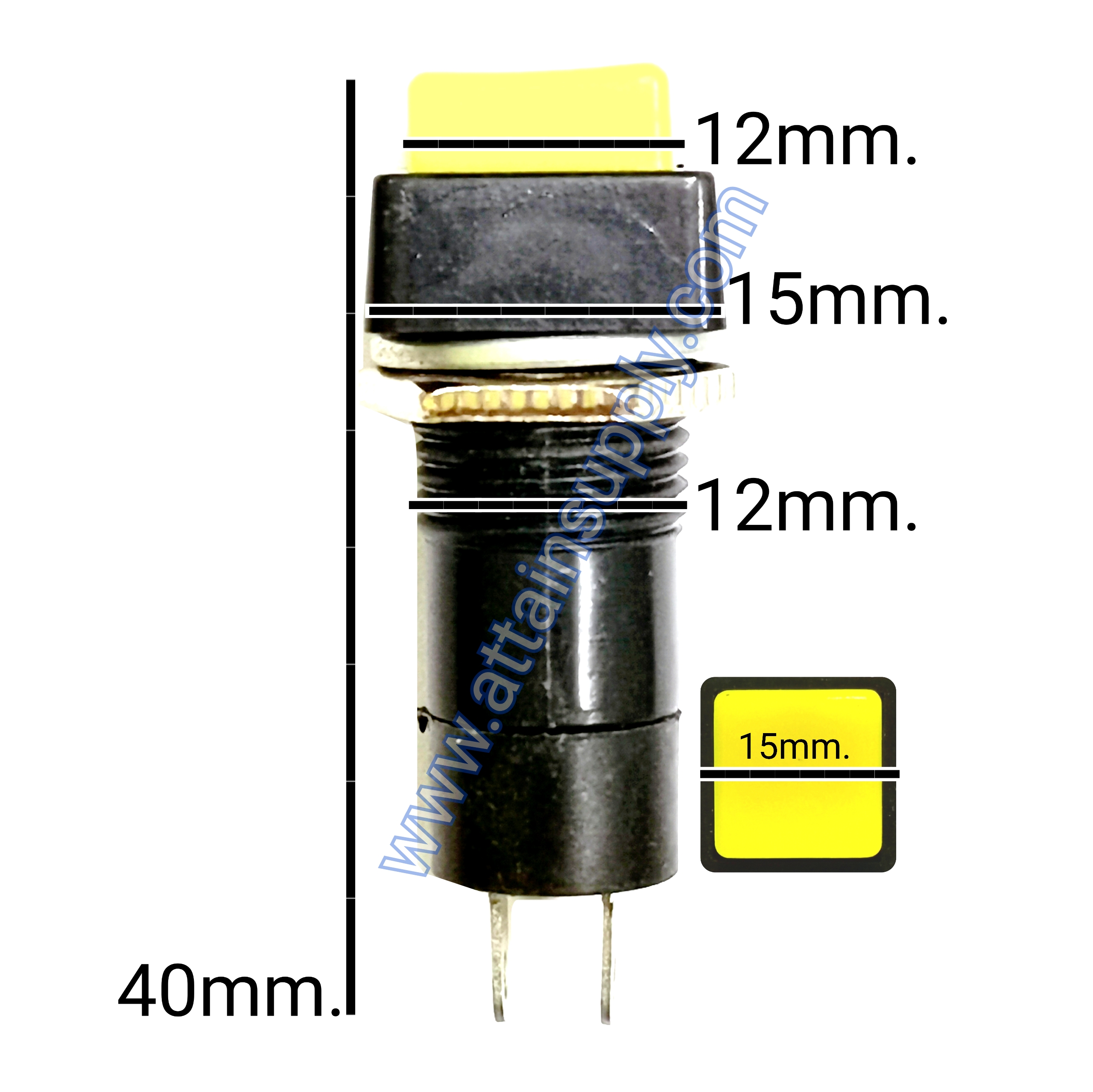 สวิทช์ กดติด-กดดับ/หัวกดสี่เหลี่ยม ฐานกลมแกนยาว-สีเหลือง