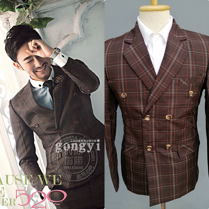สูท,ชุดสูทเจ้าบ่าว,สูทผู้ชาย กระดุม 6 เม็ด ลายสก๊อตสีน้ำตาลเข้ม พร้อมส่ง 2XL
