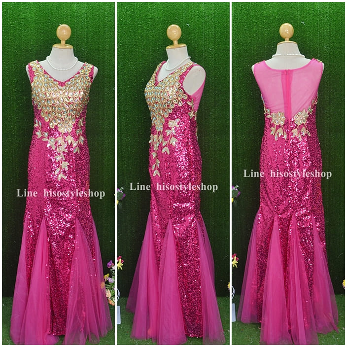 ชุดราตรียาว ทรงหางปลา ผ้าเลื่อม สีชมพูบานเย็น **พร้อมส่ง L** ซิปหลัง