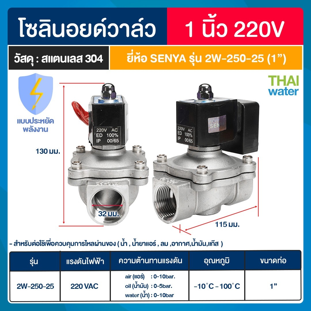 SENYA โซลินอยด์วาล์วสแตนเลส แบบประหยัดพลังงาน วาล์วน้ำ วาล์วลม วาล์วประหยัดพลังงาน IP65 N/C 220VAC 1"