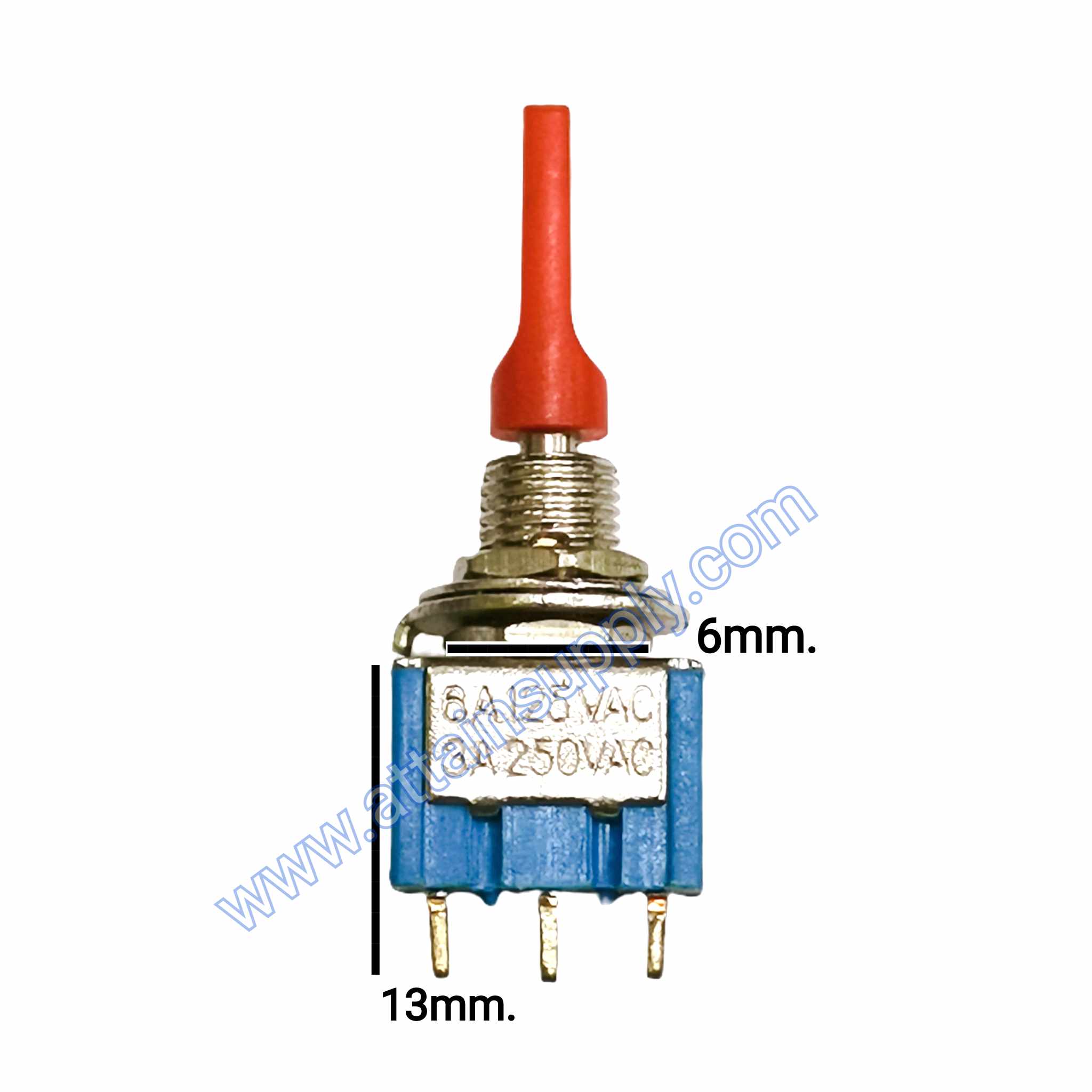 สวิทช์โยก ON-OFF-ON 3ขา/รุ่นเล็ก สีฟ้า-แกนพลาสติกแดง