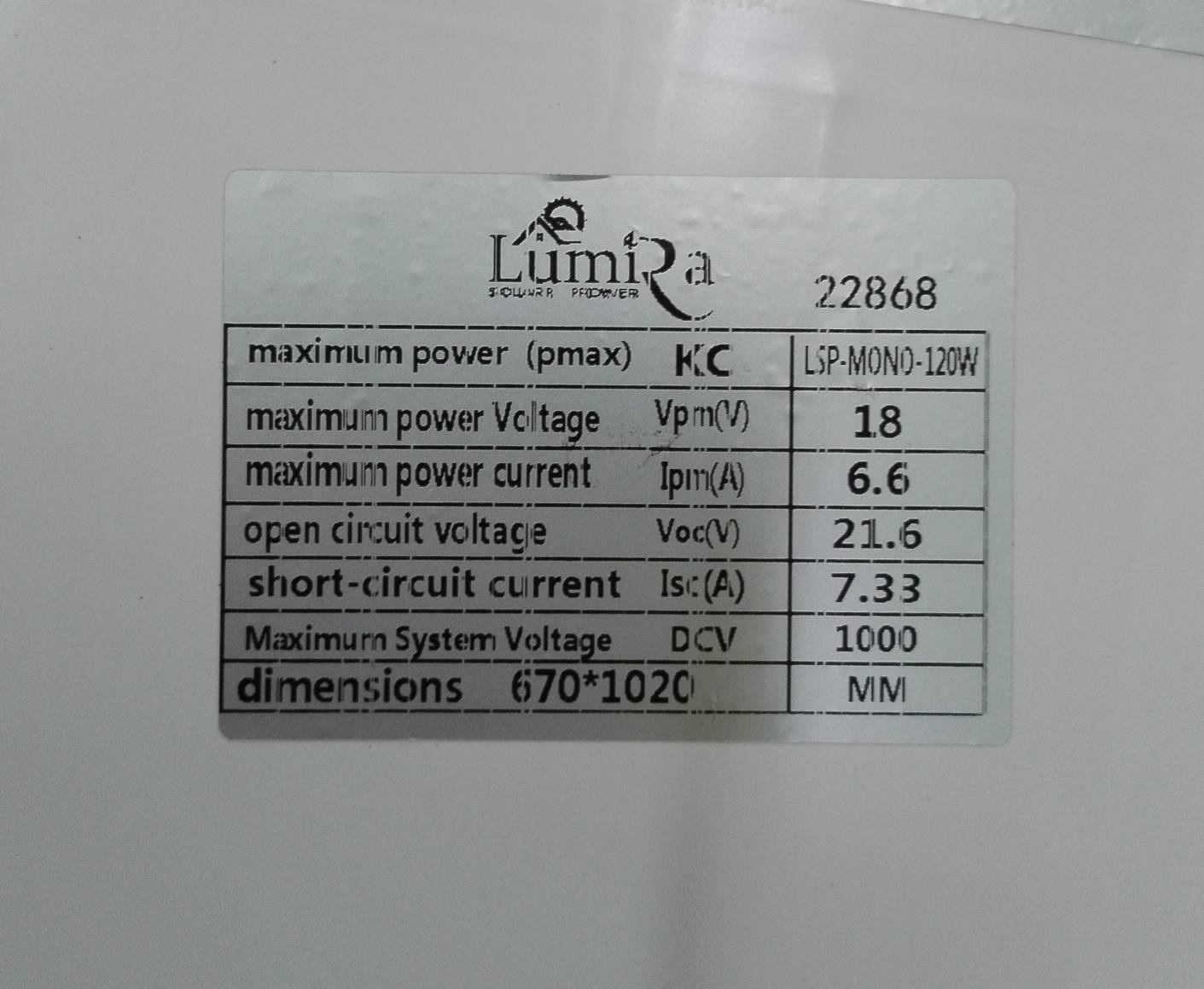 แผงโซล่าเซลล์ 120W Mono LUMIRA