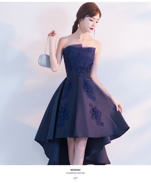 ชุดราตรี หน้าสั้นหลังยาว เกาะอก สีเนวี่บลู ผ้าไหมดัชเชส งานร้อยหลัง พร้อมส่ง XL