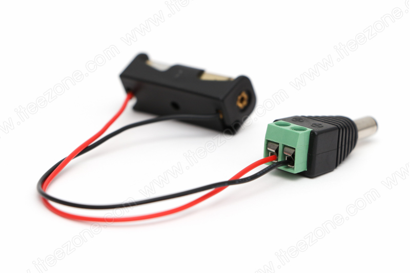 รางถ่านจิ๋ว พร้อมถ่าน 12V 23A 1 ก้อน และขั้วแจ็คเสียบตัวผู้