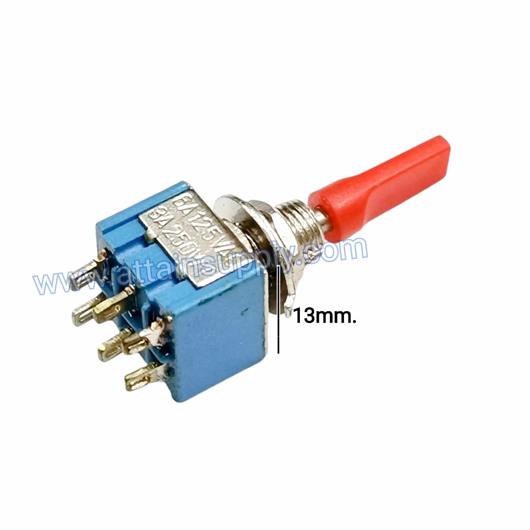 สวิทช์โยก ON-OFF-ON 6ขา/รุ่นเล็ก สีฟ้า-แกนพลาสติกแดง