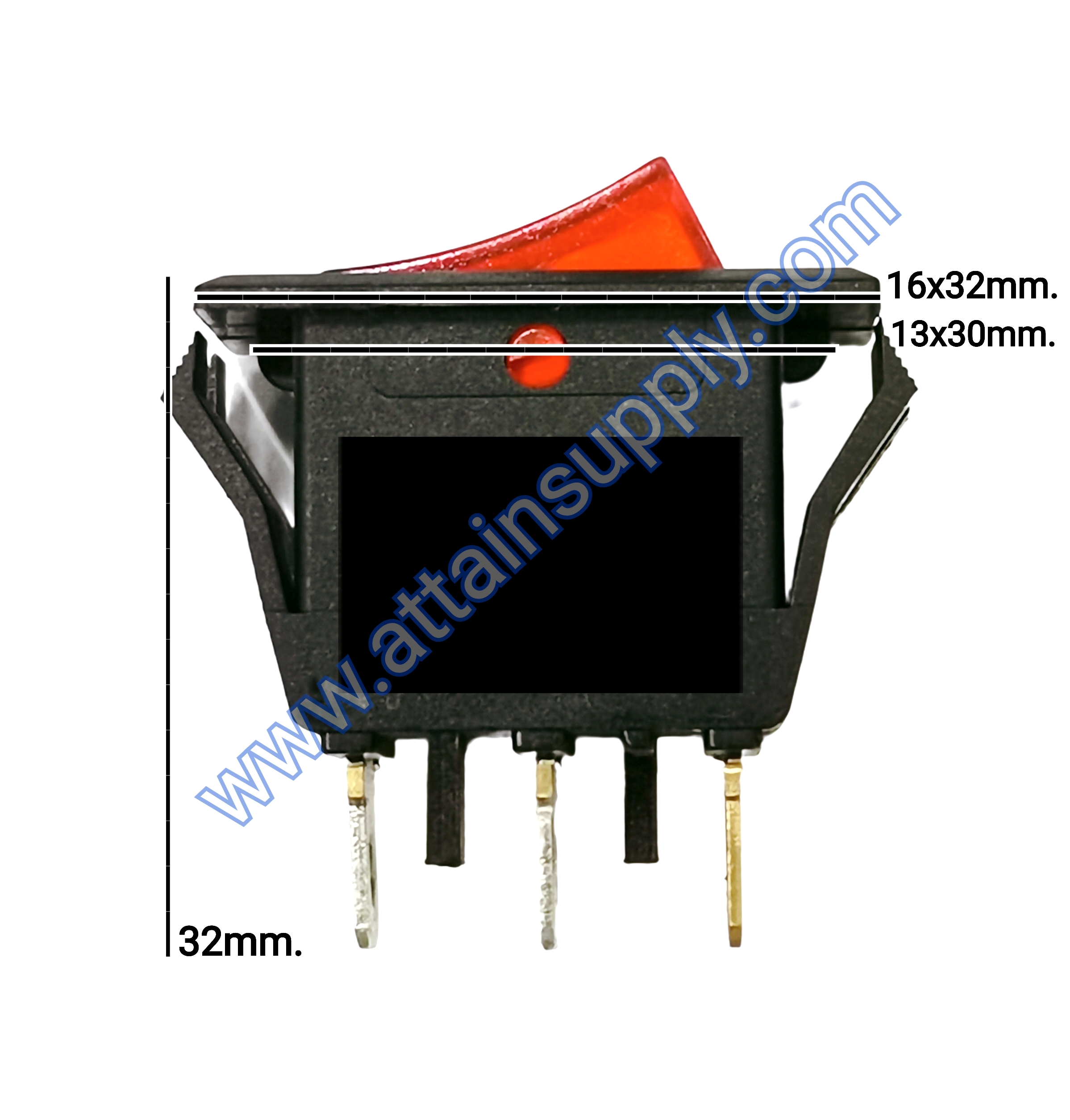 สวิทช์ ขอบจุดขาว-เหลี่ยมบาง 220V./3ขา มีไฟ-สีแดง