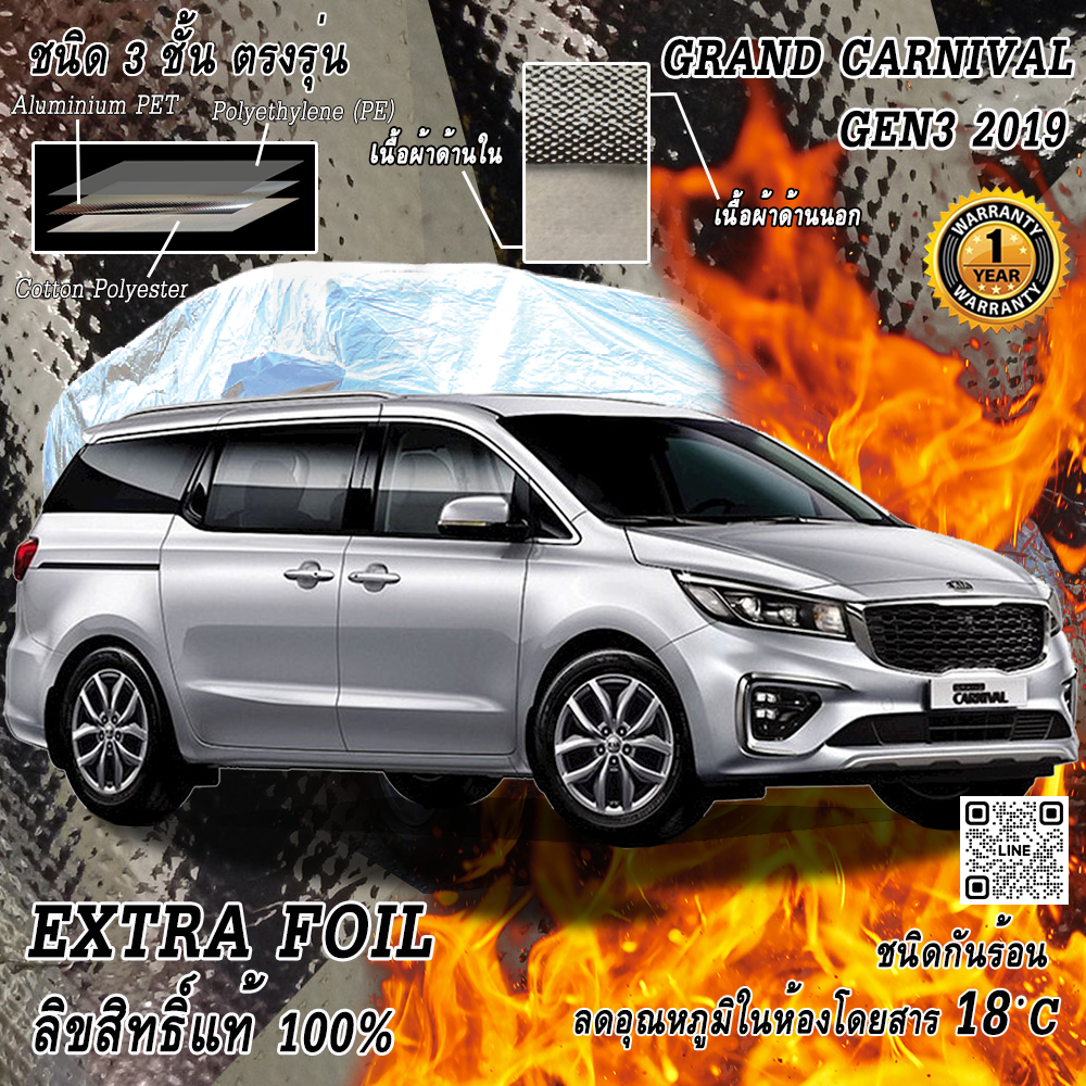 ผ้าคลุมรถ 3 ชั้น กันรถร้อน KIA Grand Carnival Gen3 2019 (เสาครีบฉลาม) ตรงรุ่น 100% พร้อมส่ง! ลดอุณหภูมิในห้องโดยสาร ชนิด Extra Foil กันน้ำ 100%