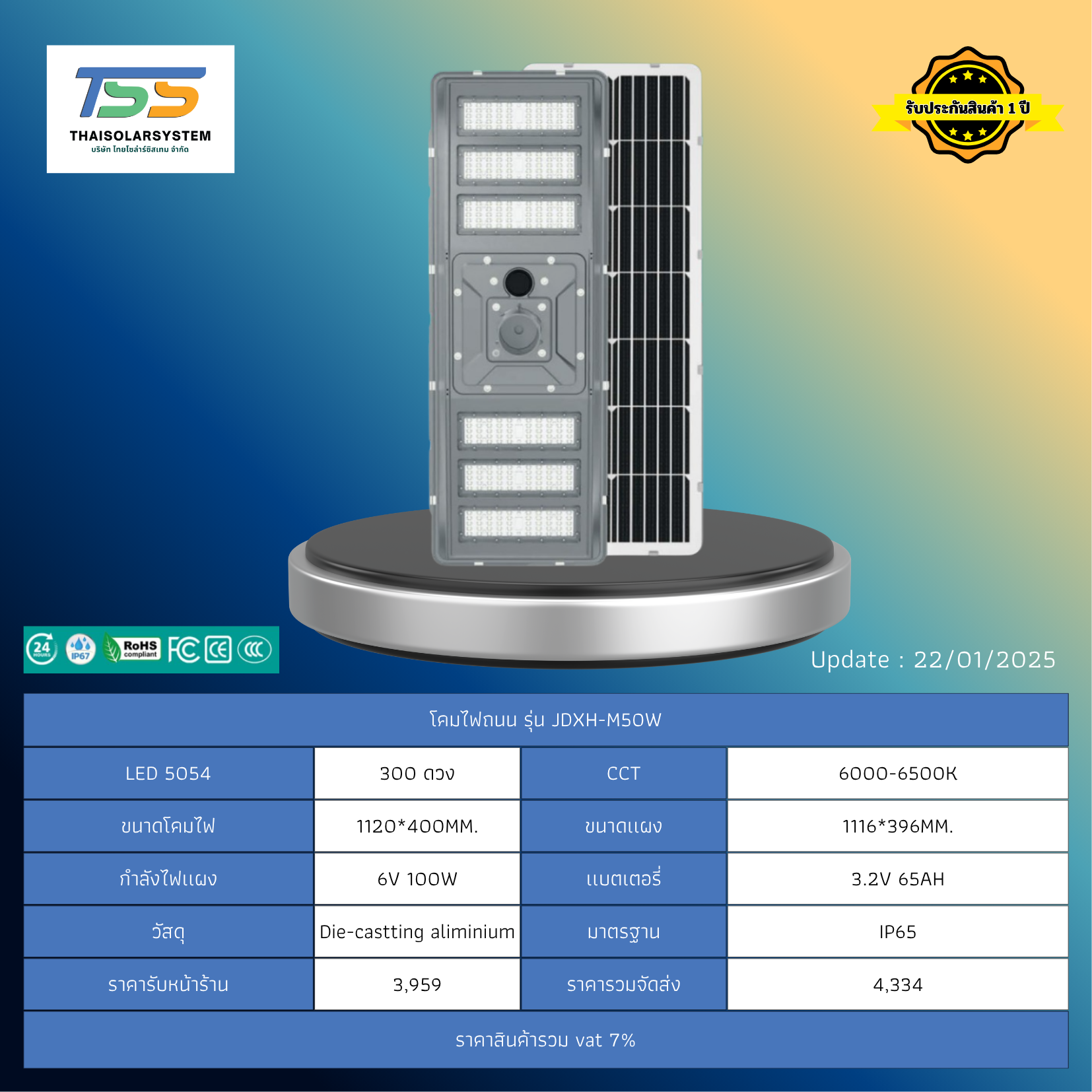 โคมไฟถนน โซล่าร์เซลล์ รุ่น JDXH-M50W