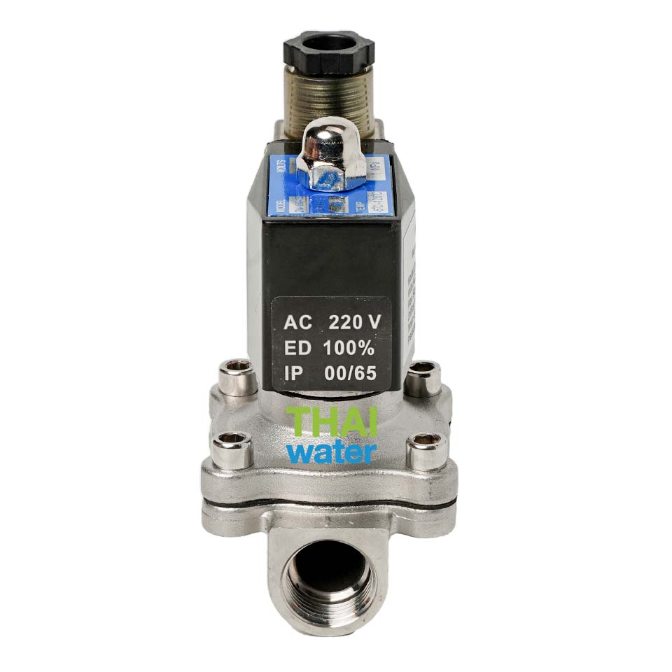 โซลินอยด์วาล์ว วาล์วไฟฟ้า วาวล์น้ำ วาล์วลม วาล์วสแตนเลส N/C 1/2" 220VAC Brand SILVERTEC แบบปกติปิด (N/C) เงิน