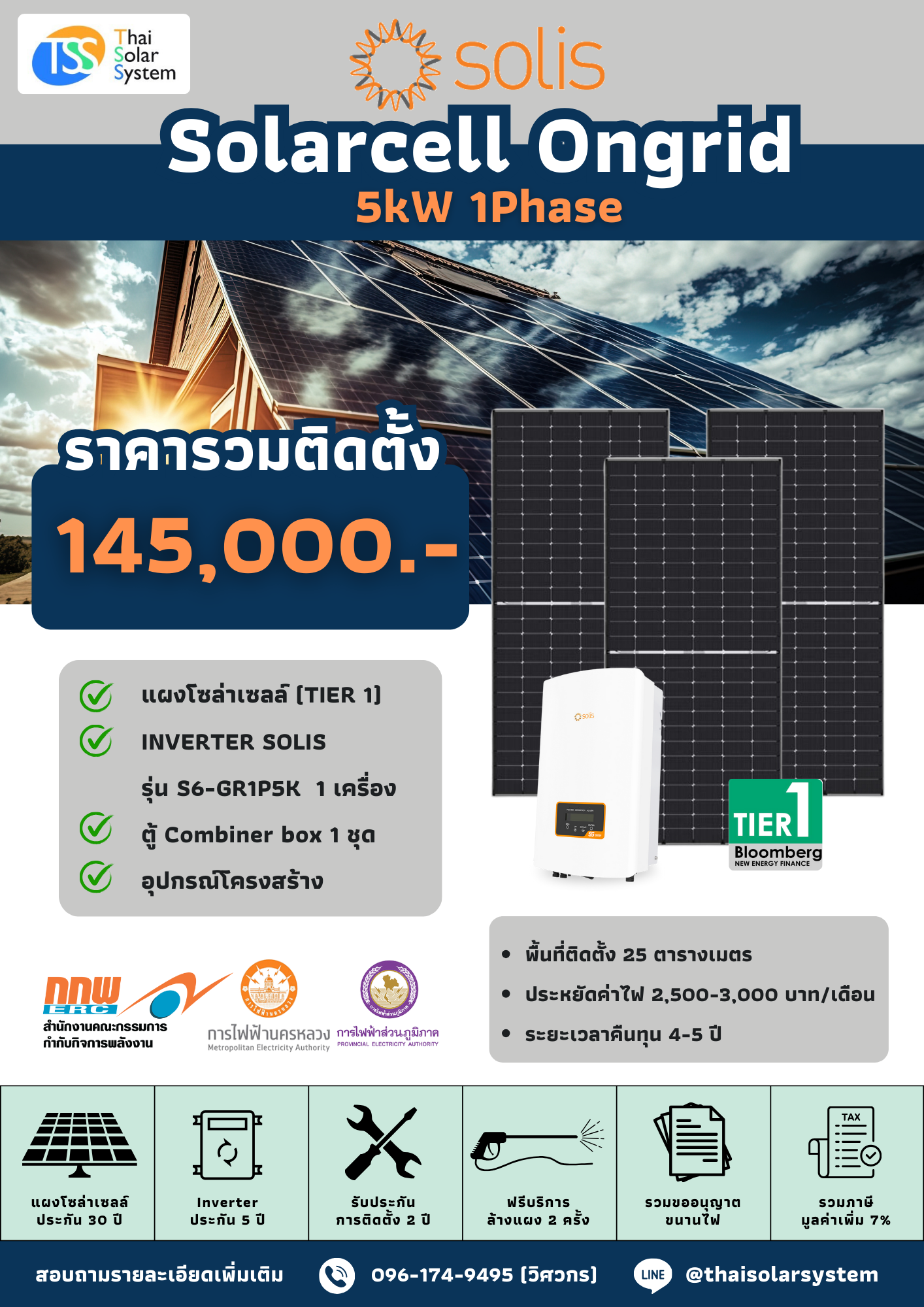 ชุด Ongrid Solis 5K 1 phase พร้อมติดตั้ง(รับประกันอินเวอร์เตอร์ 5 ปี)