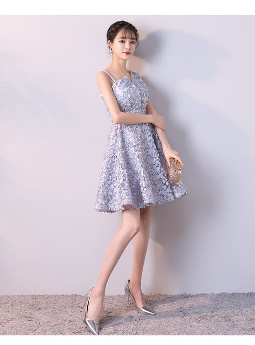 ชุดราตรีสั้น ไหล่เดี่ยว สีเทาเงิน ผ้าดอกลอย ซิปหลัง พร้อมส่ง L,XL