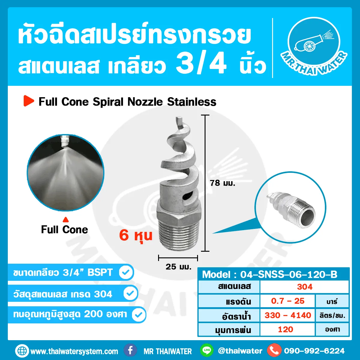04-SNSS-06-120-B หัวฉีดสเปรย์ Spiral Nozzle สแตนเลส 304L เกลียว 3/4” มุมพ่น 120°