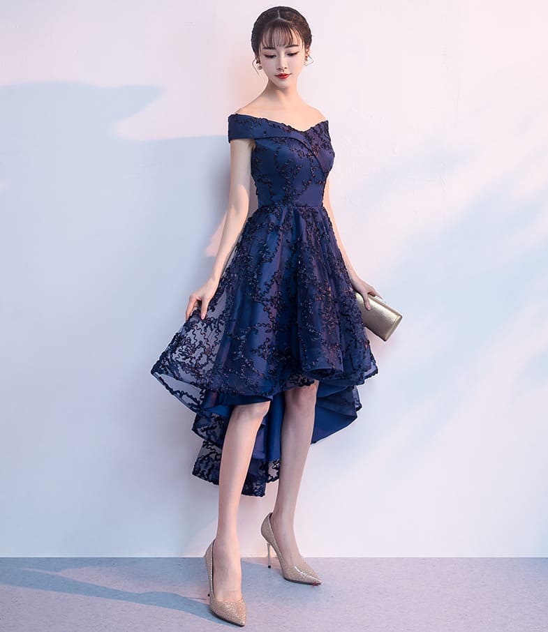 ชุดราตรี หน้าสั้นหลังยาว โอบไหล่ สีเนวี่บลู **ซิปหลัง**