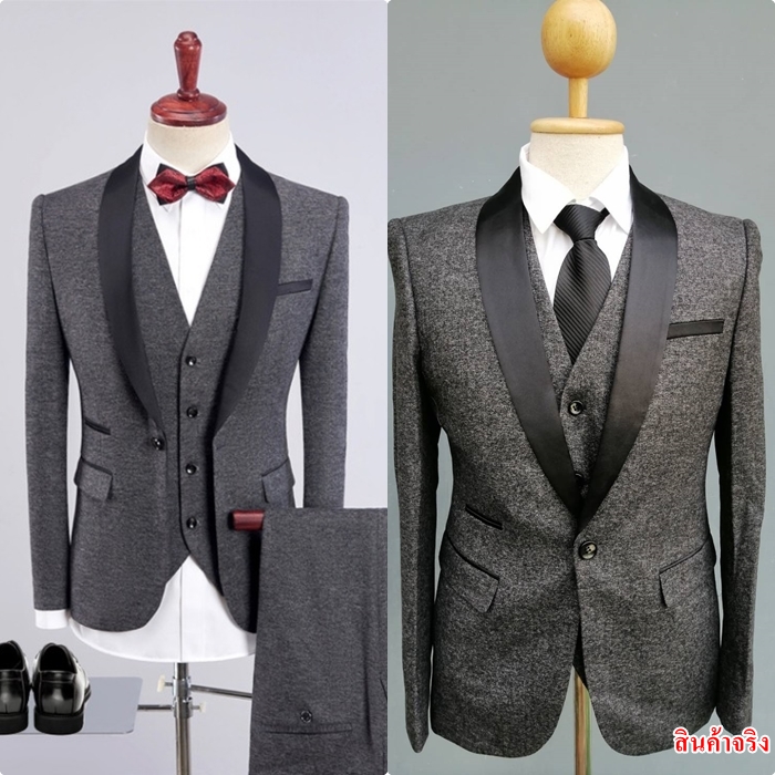สูททักซิโด รุ่นปกดำ พร้อมส่ง L แดงไวน์,เทา,แดง