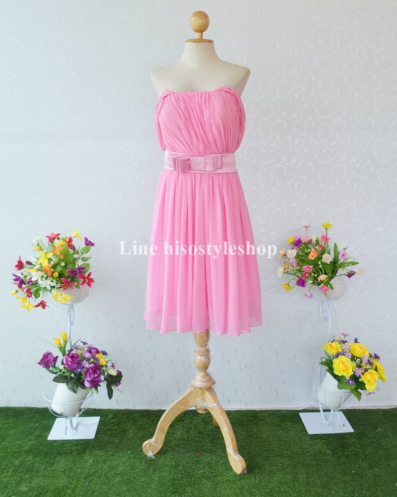 พร้อมส่ง Size 6XL ชุดราตรีสั้น **สามารถใส่ได้7แบบ** ผ้าชีฟอง แต่งโบว์เข็มกลัดหัวใจที่เอว ซิปหลัง