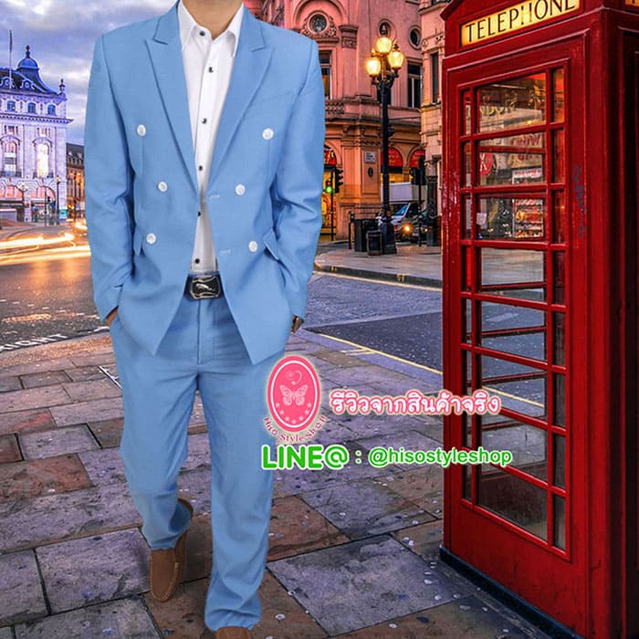 สูท,ชุดสูทเจ้าบ่าว,สูทผู้ชาย สีฟ้า กระดุม 6 เม็ด พร้อมส่ง S,M,L