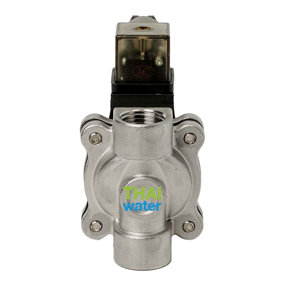 โซลินอยด์วาล์ว วาล์วไฟฟ้า วาวล์น้ำ วาล์วลม วาล์วสแตนเลส N/C 1/2" 220VAC Brand SILVERTEC แบบปกติปิด (N/C) เงิน
