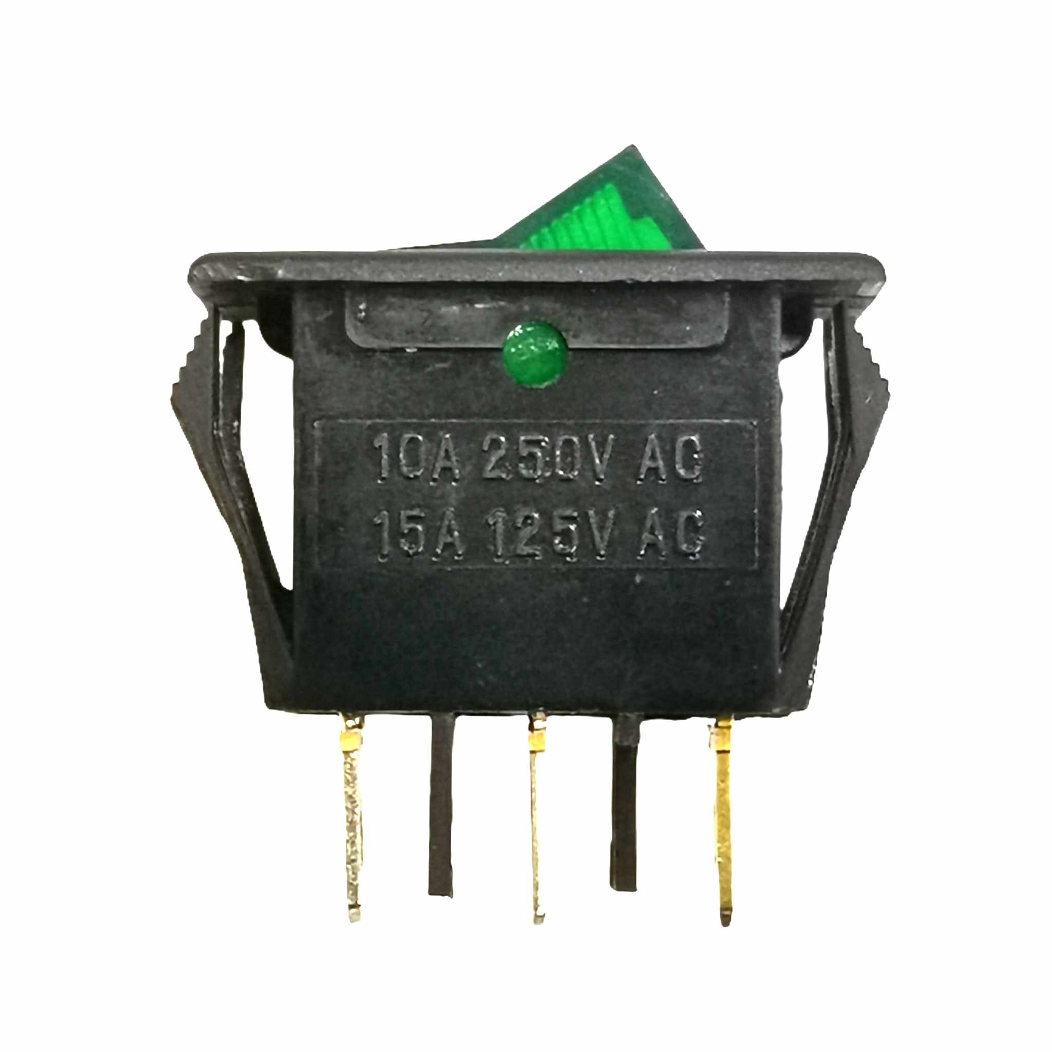 สวิทช์ ขอบจุดขาว-เหลี่ยมบาง 220V./3ขา มีไฟ-สีเขียว (หน้ากระดกตัดเหลี่ยม)