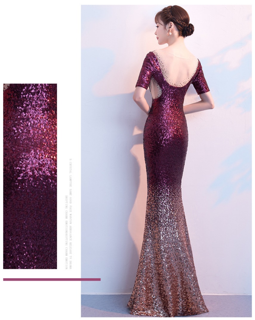 ชุดราตรียาว แขนสั้น สีไวน์แดง ผ้าเลื่อมทั้งชุด พร้อมส่ง 3XL