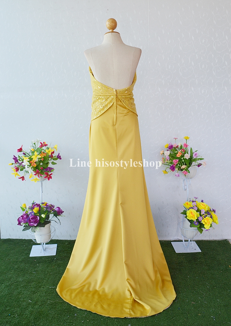 พร้อมส่ง Size Lชุดราตรียาว ผ้าซาตินเกาหลี เข็มขัดที่เอว เว้าหลัง กระโปรงหางปลา