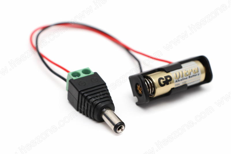 รางถ่านจิ๋ว พร้อมถ่าน 12V 23A 1 ก้อน และขั้วแจ็คเสียบตัวผู้