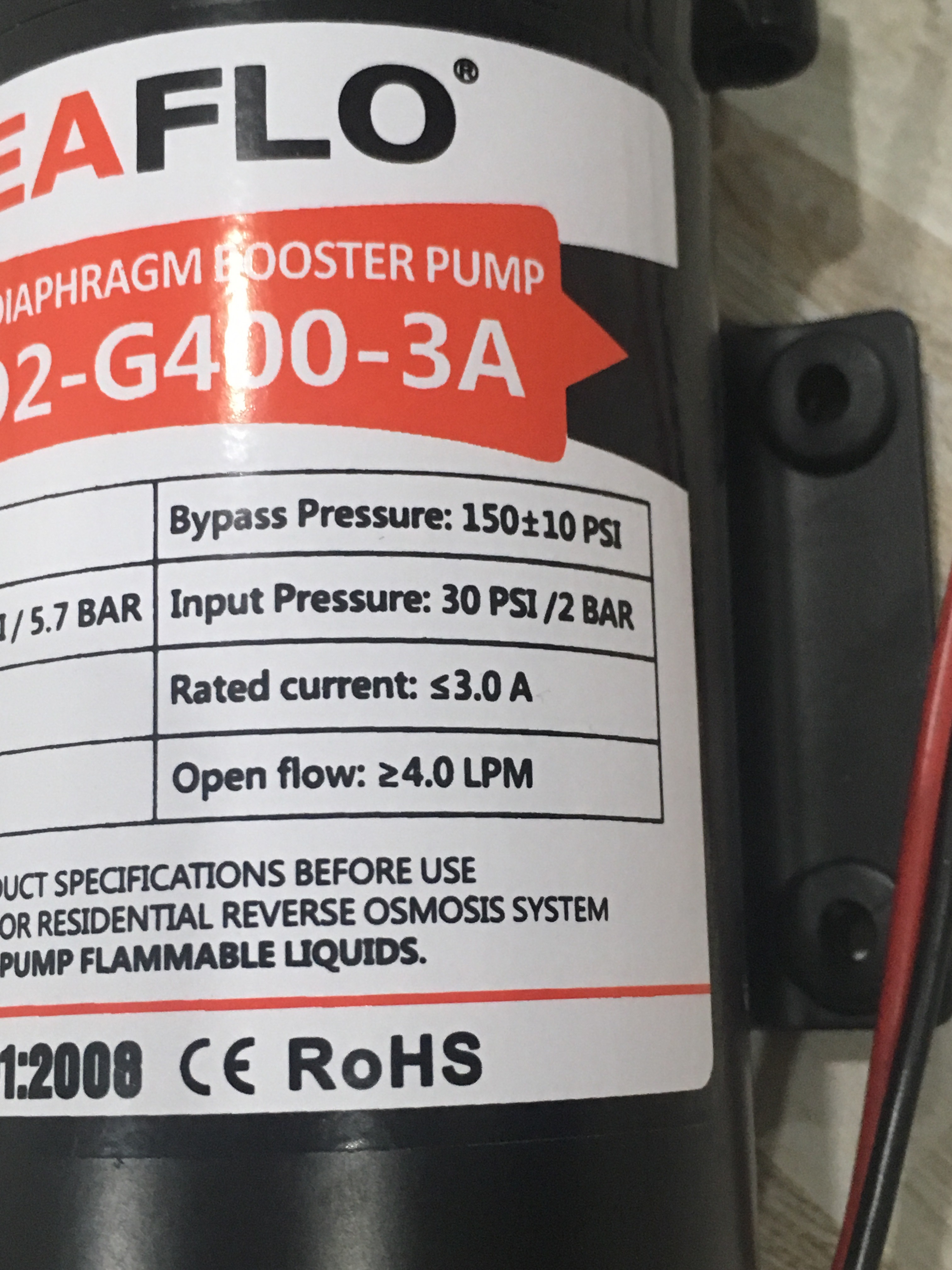 ปั๊มน้ำ ปั๊มอัดเมมเบรน เครื่องกรองน้ำ เครื่องพ่นหมอก SEAFLO RO Pump DC24V 150PSI 400G ( 10 บาร์ )